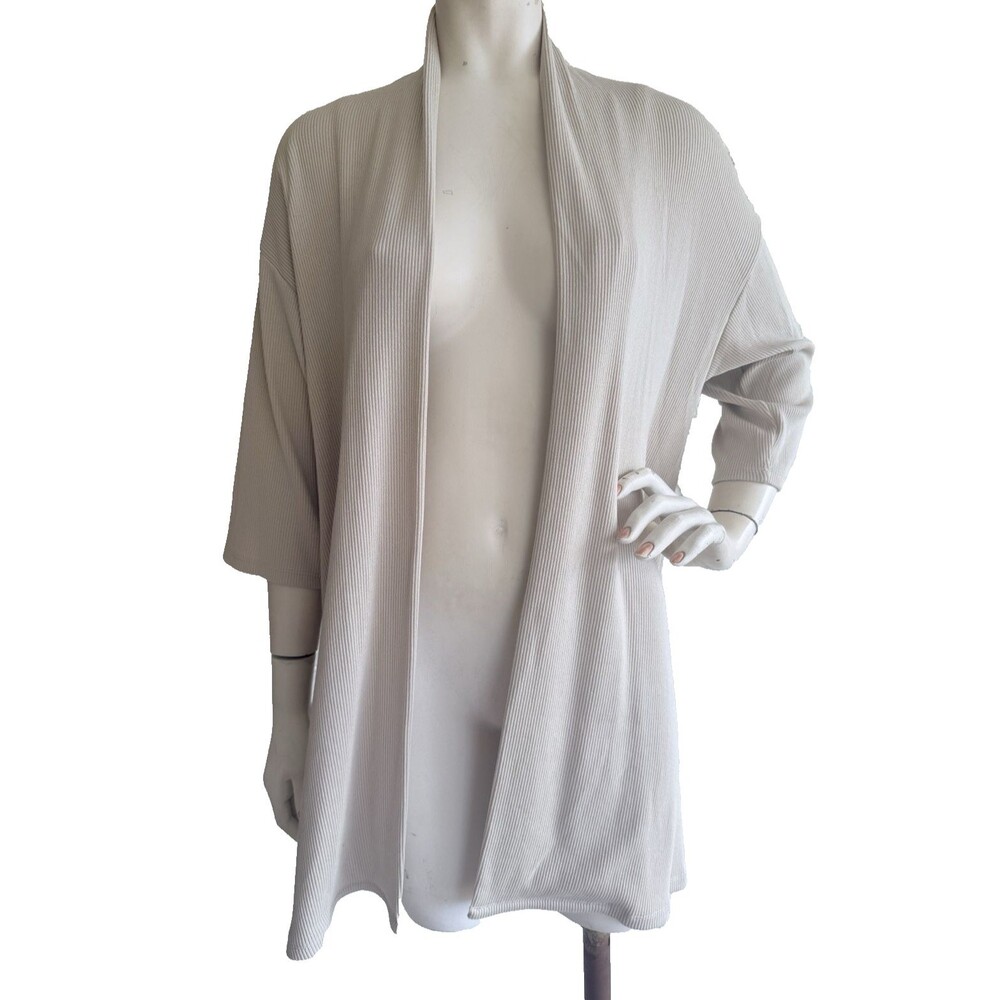 EILEEN FISHER Ribbed Cardigan Sweater Beige Open Front Stretch 3/4 Sleeve XS